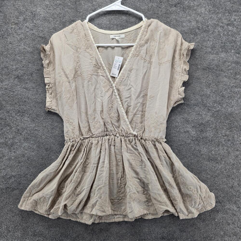 Maurices Shirt Womens XS Beige Short Sleeve Peplum Embroidered Top Blouse
